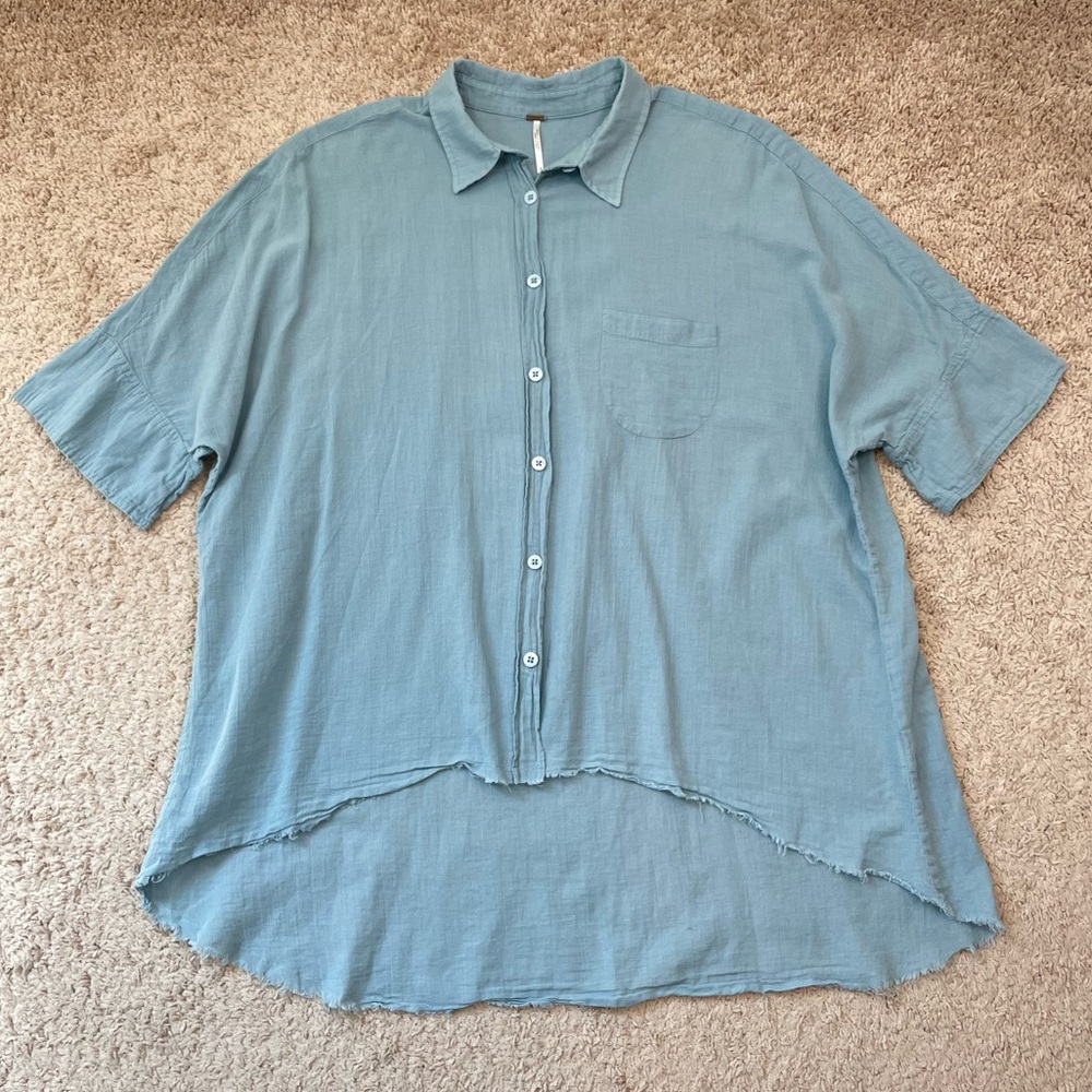 FREE PEOPLE Best of Me Blue Button Front Waterfall Top High-Low Raw Hem Blouse - Picture 13 of 16